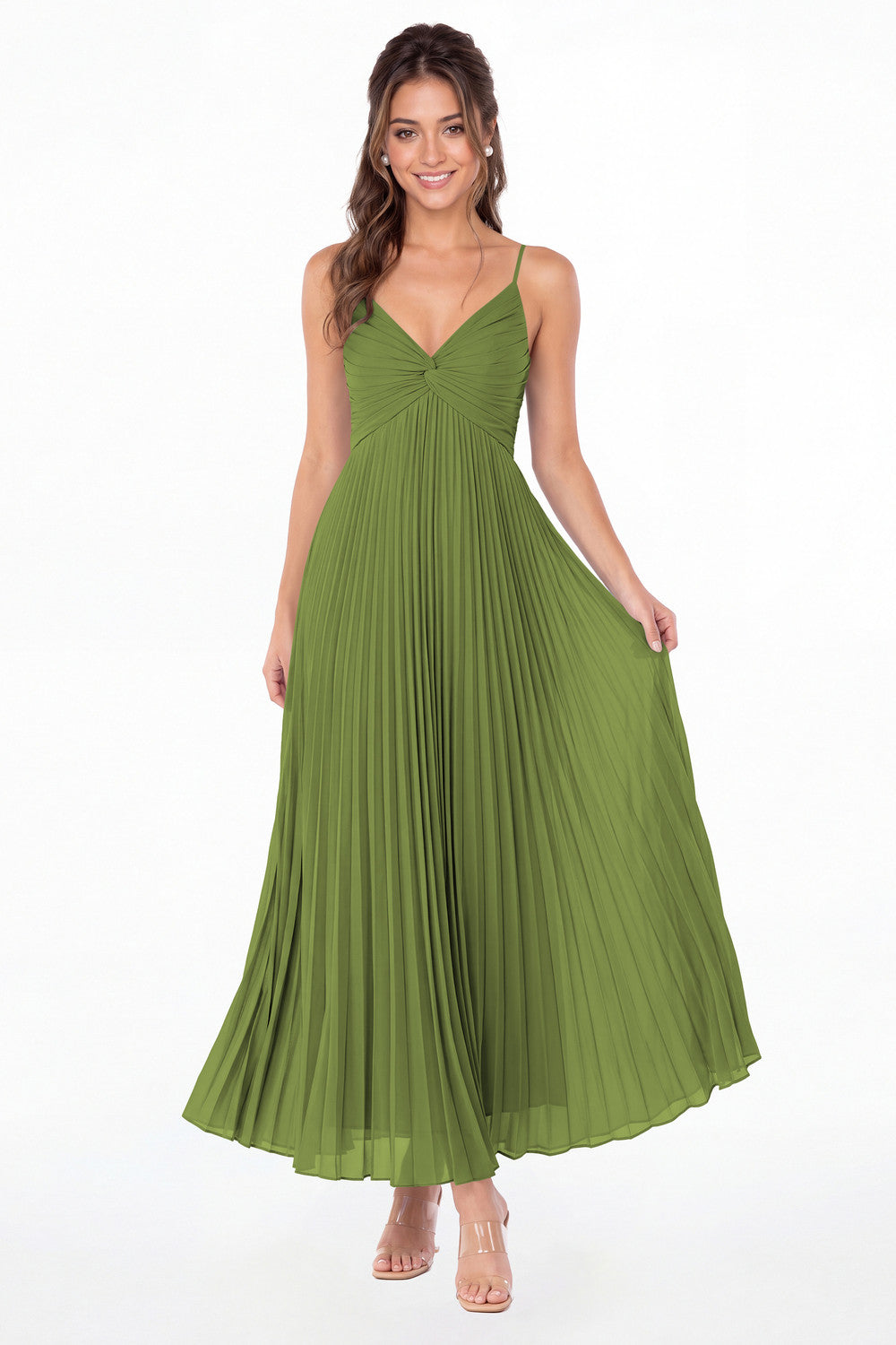 Olive Green Twist Front Pleated Chiffon Maxi Dress - Front View