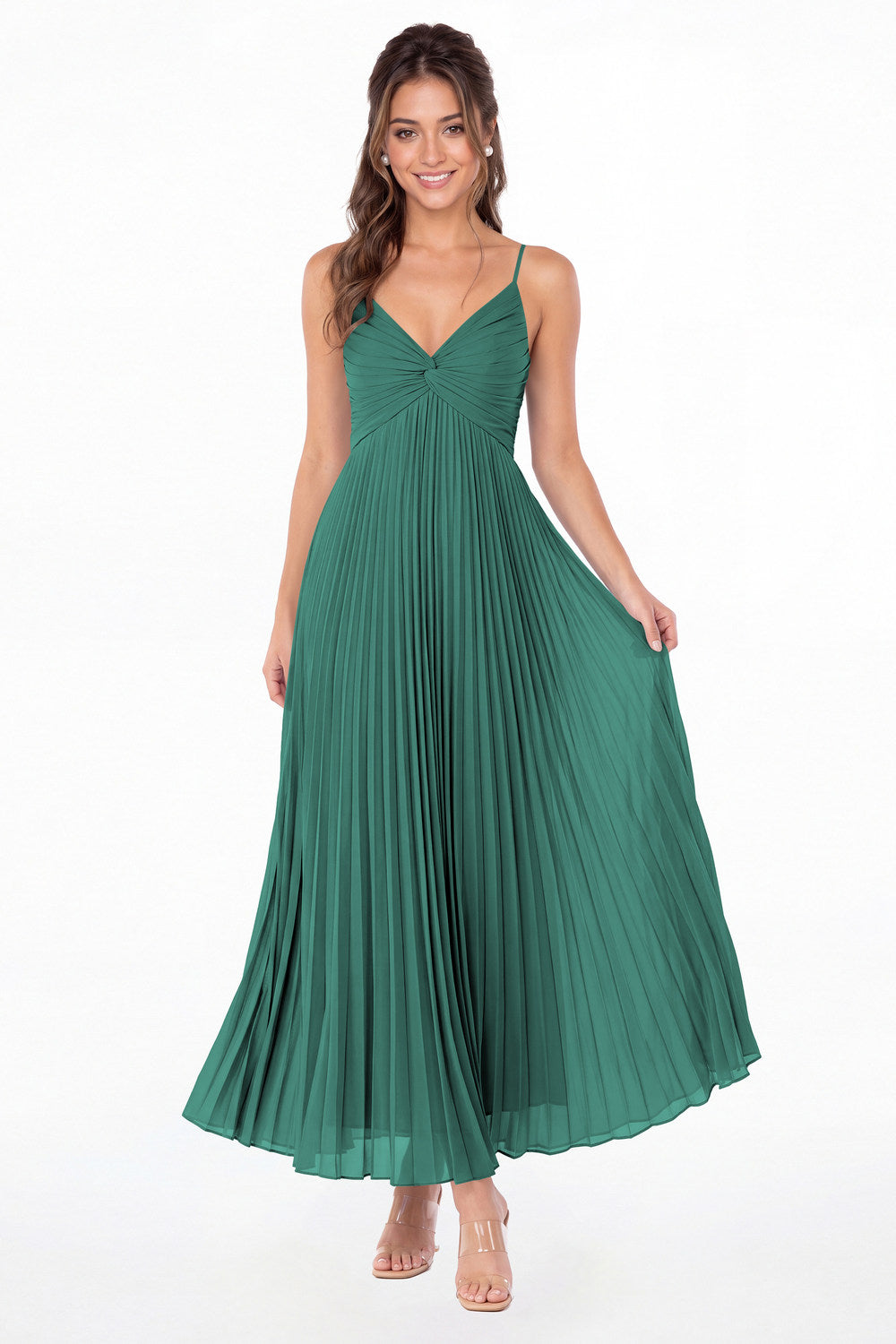 Peacock Twist Front Pleated Chiffon Maxi Dress - Front View