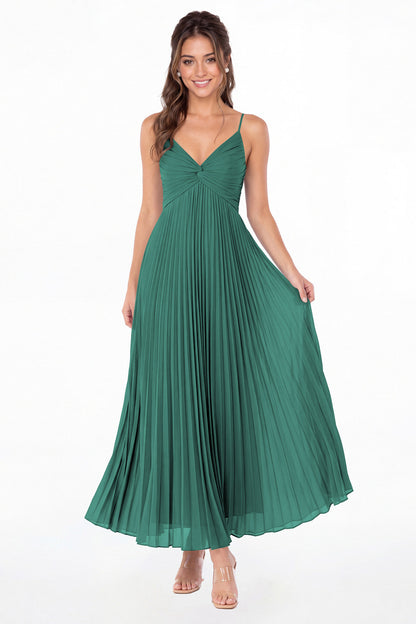 Peacock Twist Front Pleated Chiffon Maxi Dress - Front View