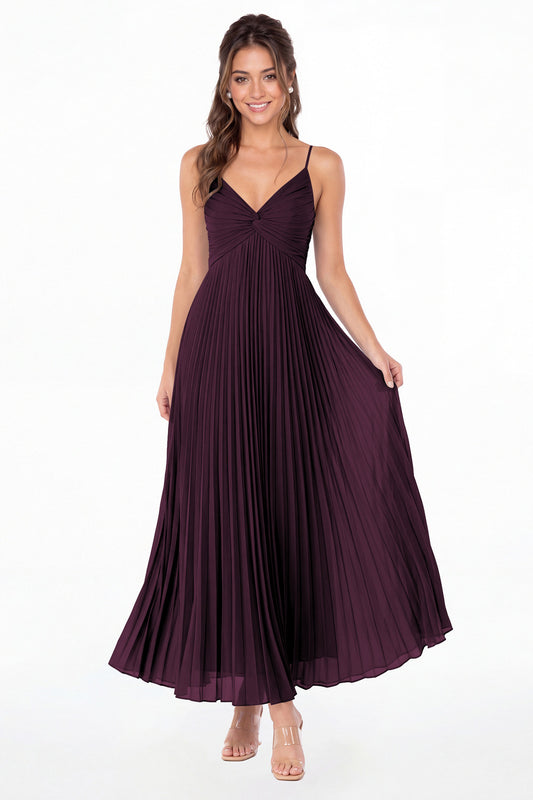 Plum Twist Front Pleated Chiffon Maxi Dress - Front View