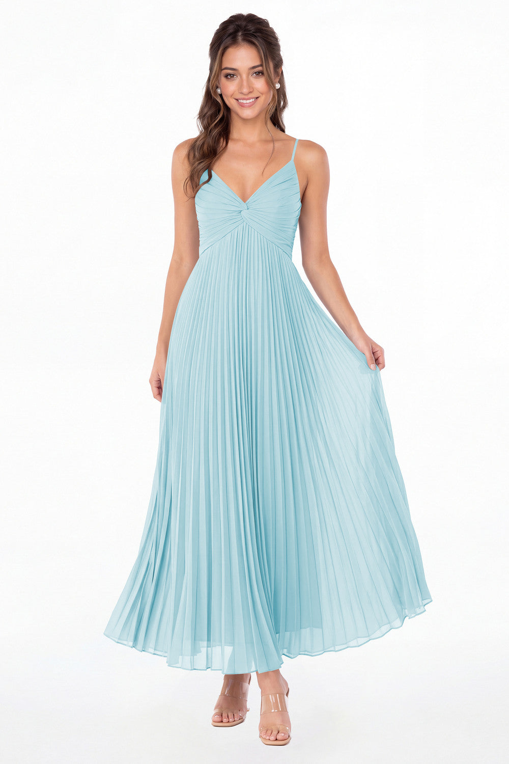 Powder Blue Twist Front Pleated Chiffon Maxi Dress - Front View