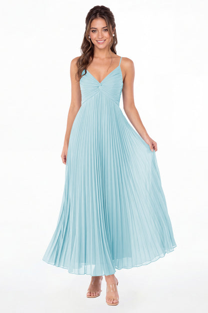 Powder Blue Twist Front Pleated Chiffon Maxi Dress - Front View