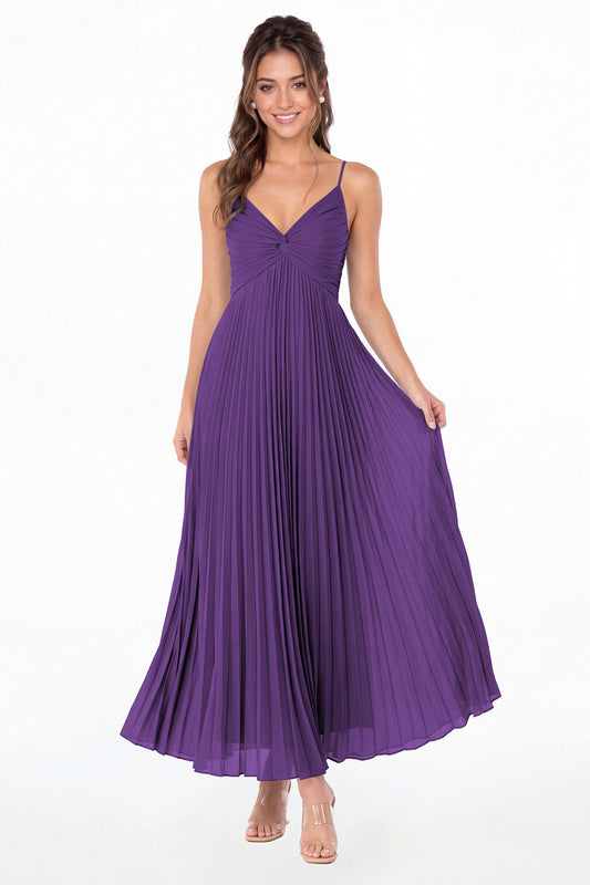 Purple Twist Front Pleated Chiffon Maxi Dress - Front View