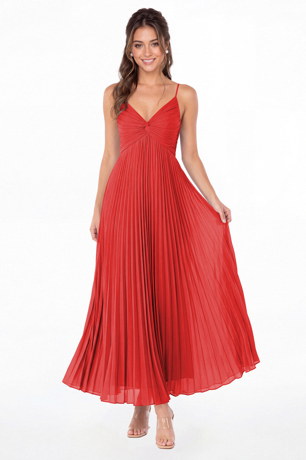Red Twist Front Pleated Chiffon Maxi Dress - Front View