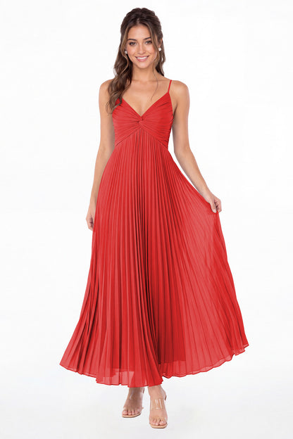 Red Twist Front Pleated Chiffon Maxi Dress - Front View
