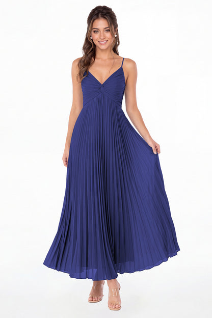 Royal Blue Twist Front Pleated Chiffon Maxi Dress - Front View