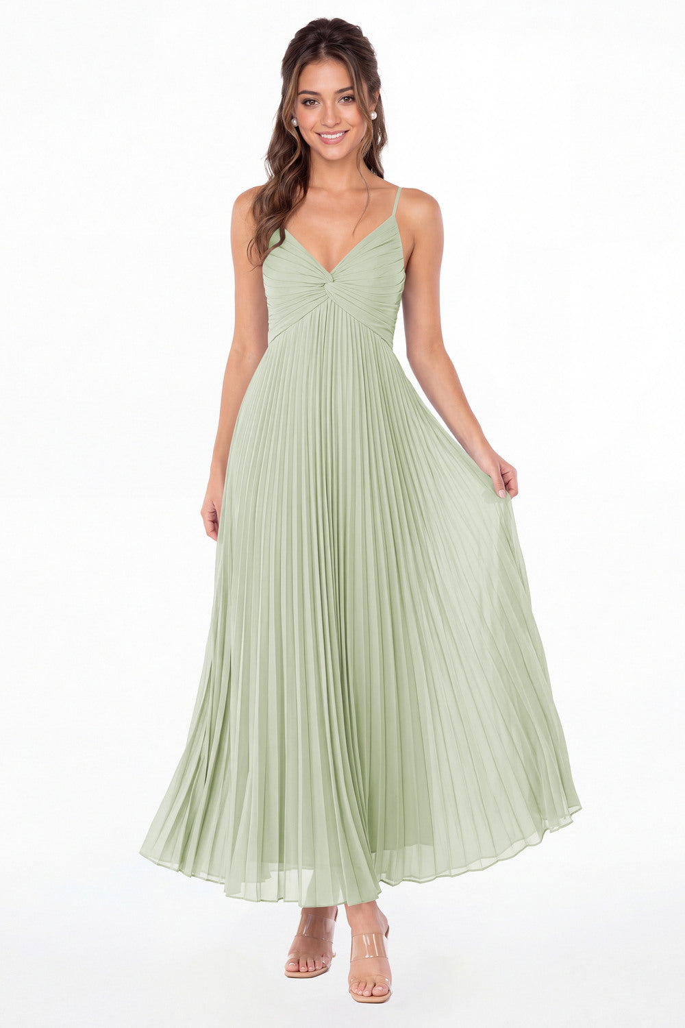 Sage Green Twist Front Pleated Chiffon Maxi Dress - Front View