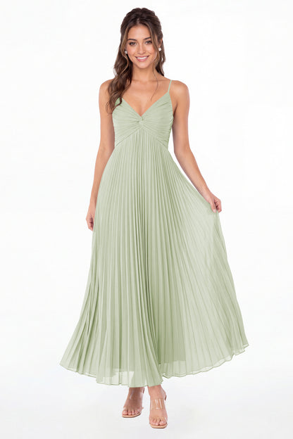 Sage Green Twist Front Pleated Chiffon Maxi Dress - Front View