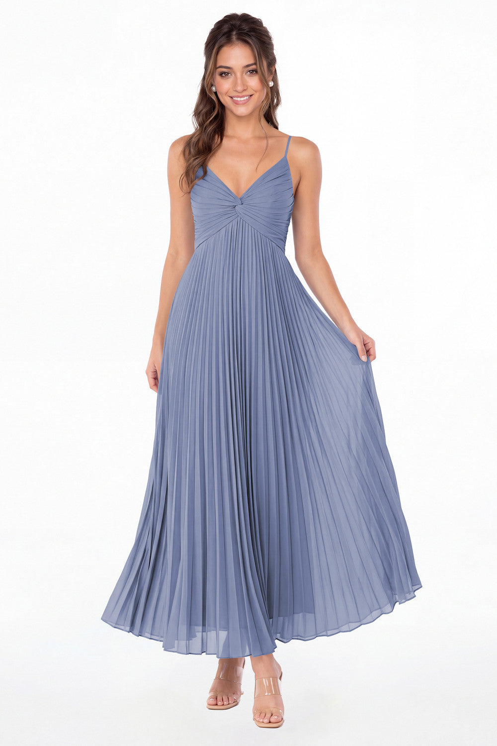 Steel Blue Twist Front Pleated Chiffon Maxi Dress - Front View