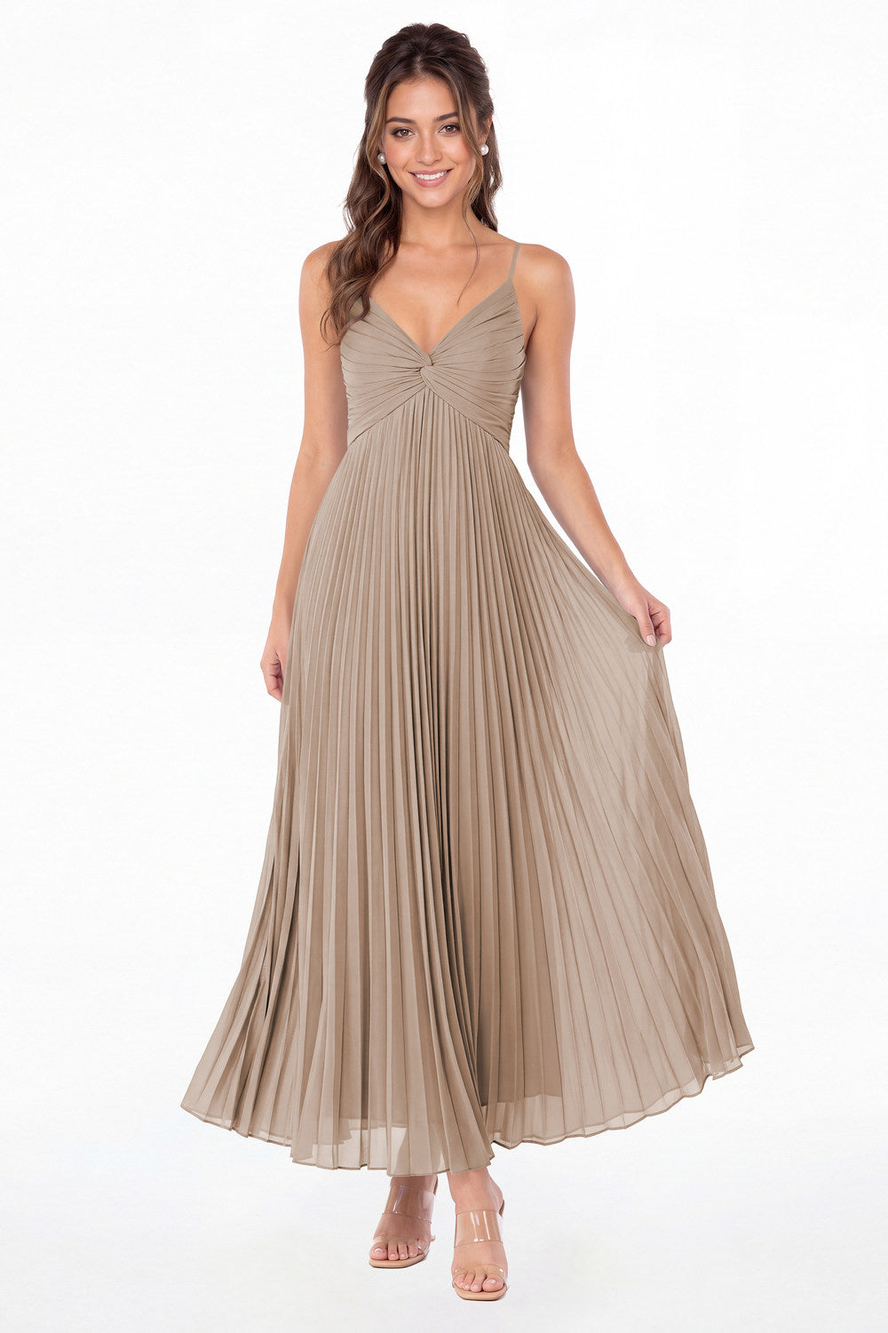 Taupe Twist Front Pleated Chiffon Maxi Dress - Front View