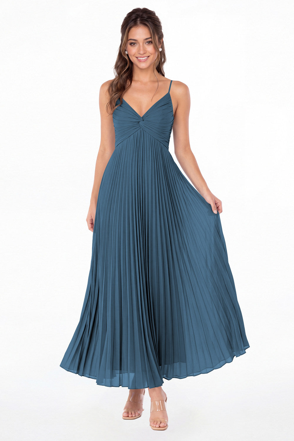 Teal Twist Front Pleated Chiffon Maxi Dress - Front View