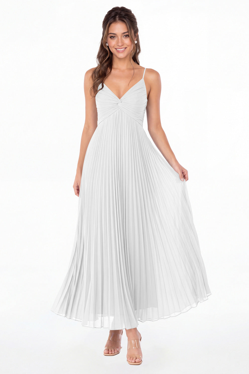 White Twist Front Pleated Chiffon Maxi Dress - Front View