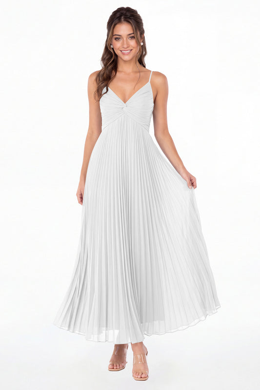White Twist Front Pleated Chiffon Maxi Dress - Front View