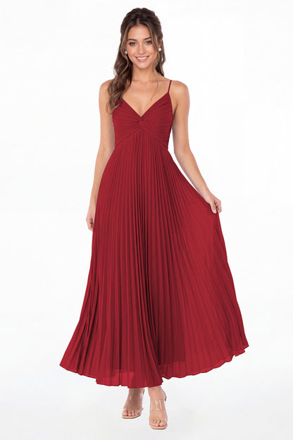 Wine Red Twist Front Pleated Chiffon Maxi Dress - Front View