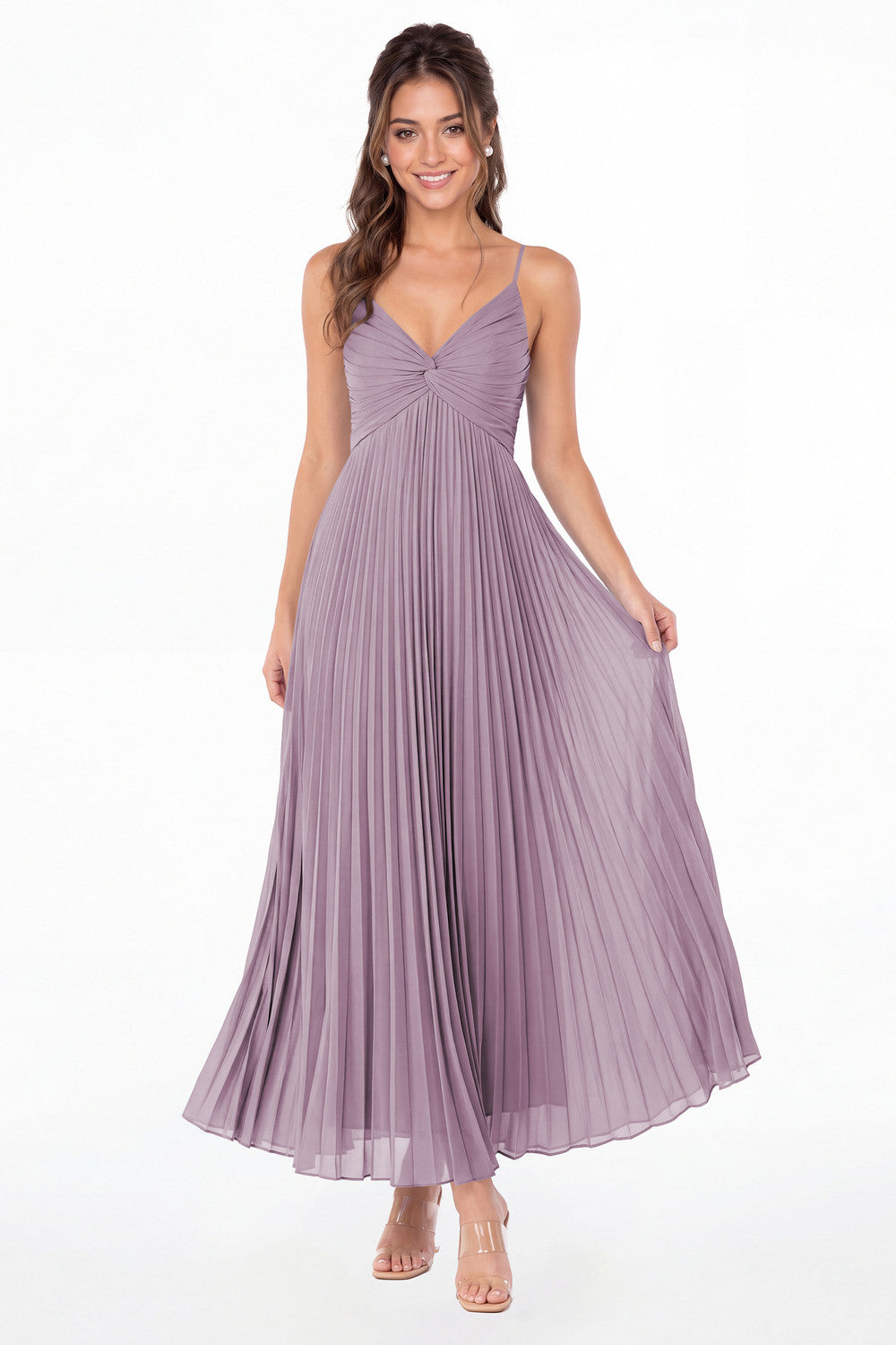 Wisteria Twist Front Pleated Chiffon Maxi Dress - Front View