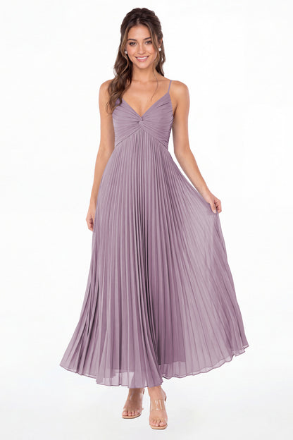 Wisteria Twist Front Pleated Chiffon Maxi Dress - Front View