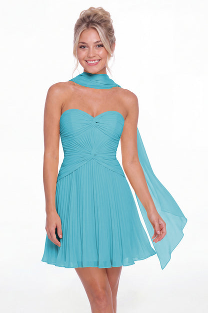 Aqua Blue Strapless Scarf Chiffon Mini Homecoming Dress - Front View