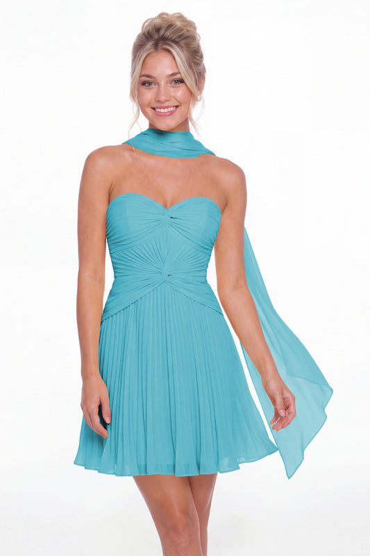 Aqua Blue Strapless Scarf Chiffon Mini Homecoming Dress - Front View