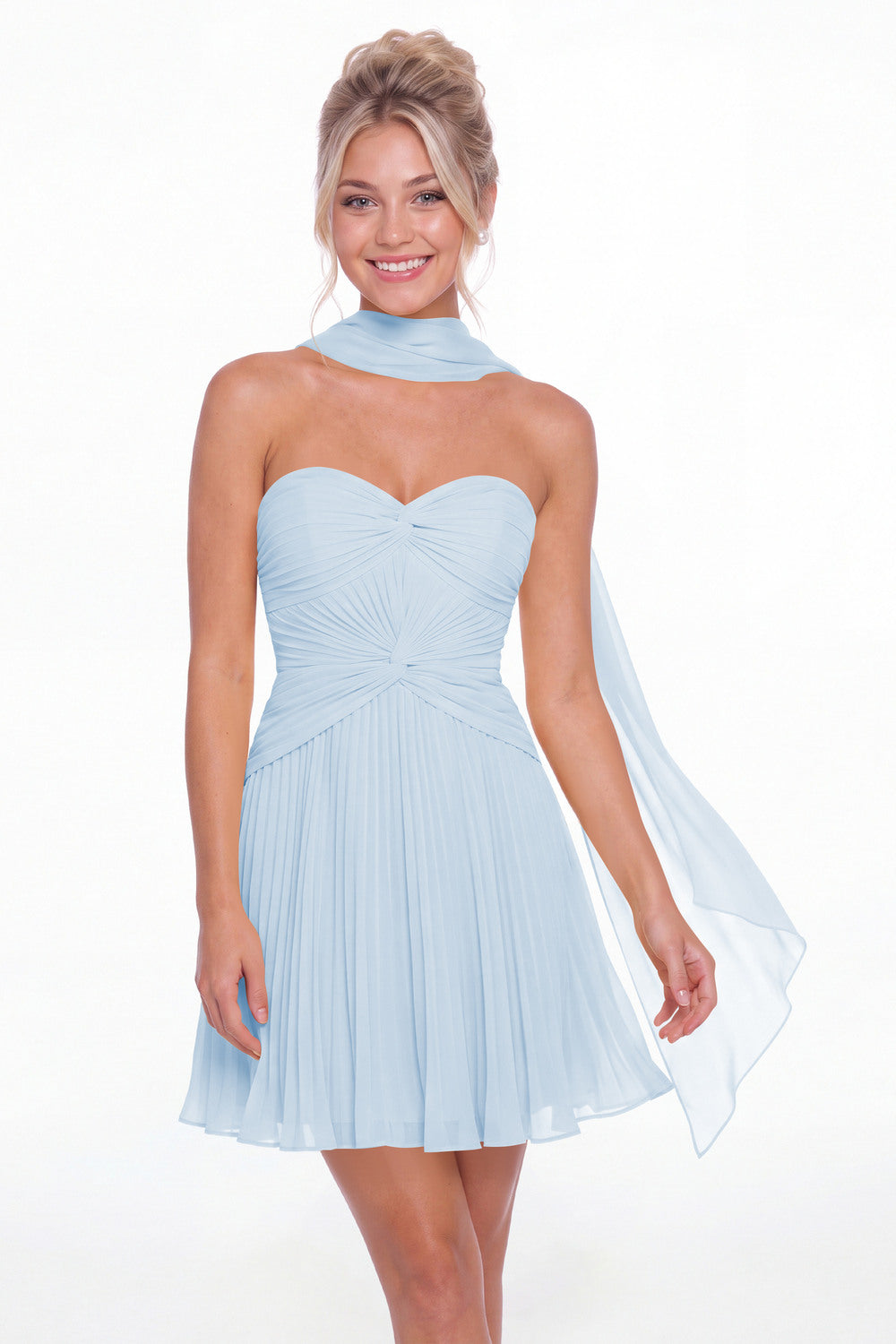 Baby Blue Strapless Scarf Chiffon Mini Homecoming Dress - Front View