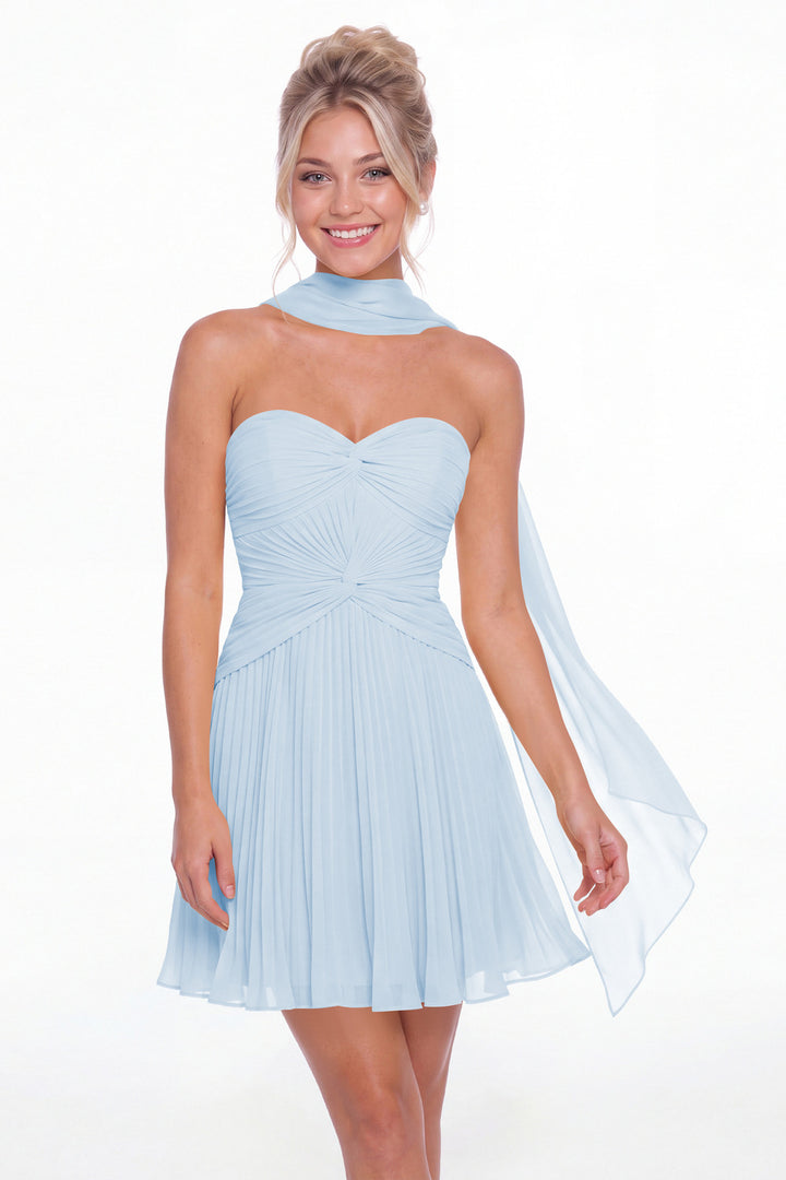 Baby Blue Strapless Scarf Chiffon Mini Homecoming Dress - Front View
