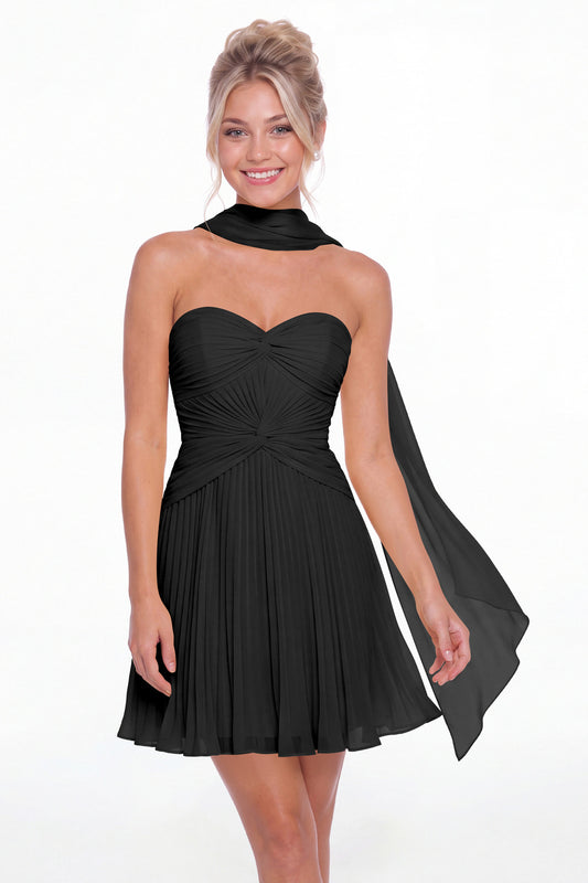 Black Strapless Scarf Chiffon Mini Homecoming Dress - Front View