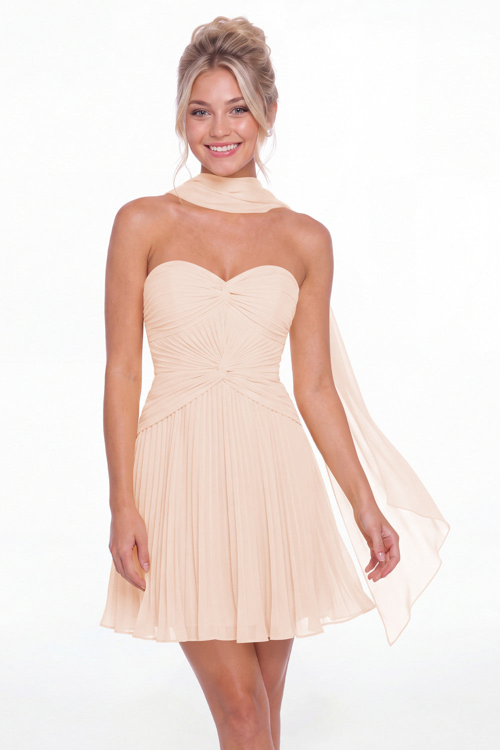 Blush Pink Strapless Scarf Chiffon Mini Homecoming Dress - Front View