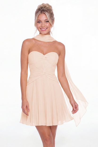 Blush Pink Strapless Scarf Chiffon Mini Homecoming Dress - Front View
