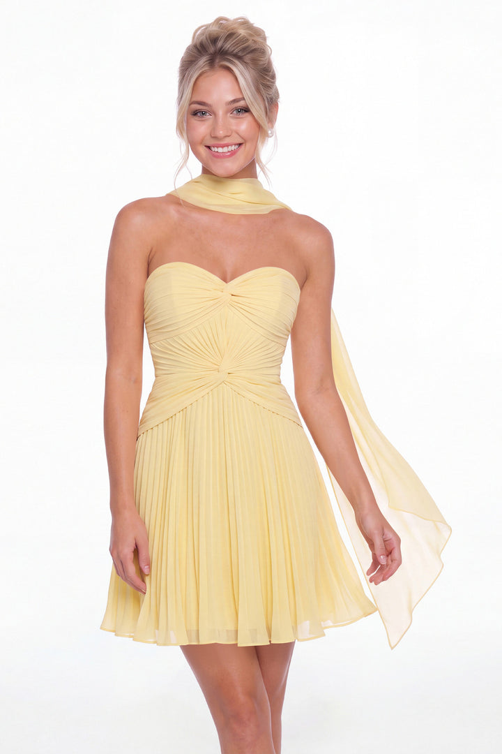 Butter Yellow Strapless Scarf Chiffon Mini Homecoming Dress - Front View