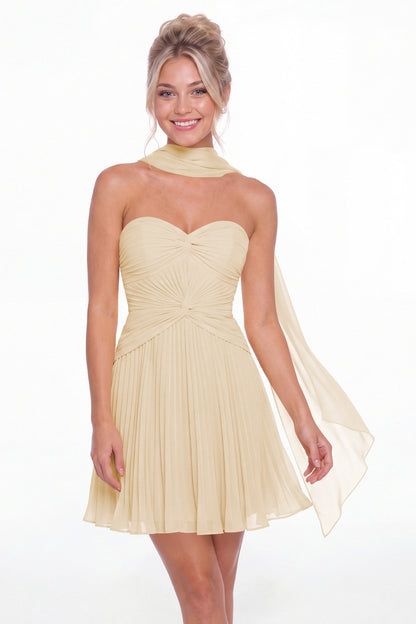 Champagne Strapless Scarf Chiffon Mini Homecoming Dress - Front View