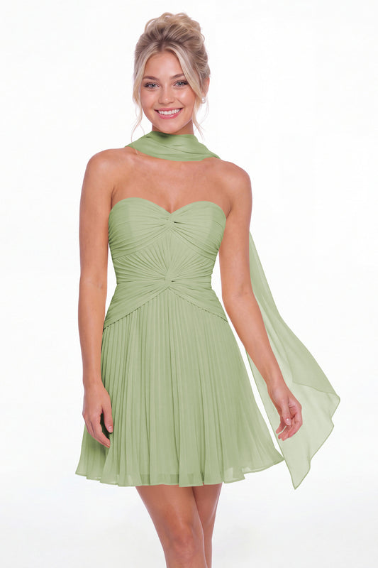 Dusty Sage Strapless Scarf Chiffon Mini Homecoming Dress - Front View