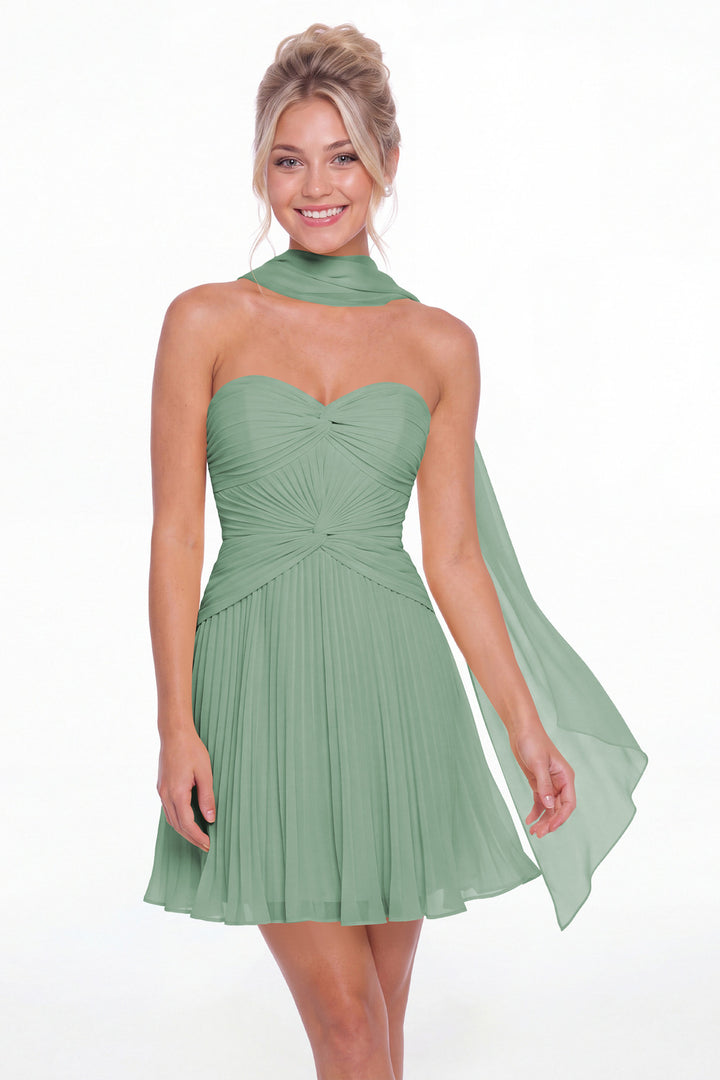Eucalyptus Strapless Scarf Chiffon Mini Homecoming Dress - Front View