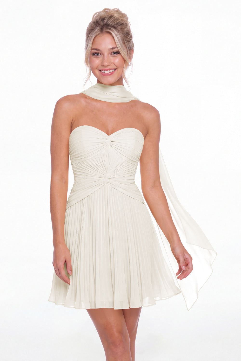 Ivory Strapless Scarf Chiffon Mini Homecoming Dress - Front View