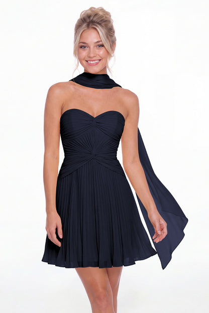 Navy Blue Strapless Scarf Chiffon Mini Homecoming Dress - Front View