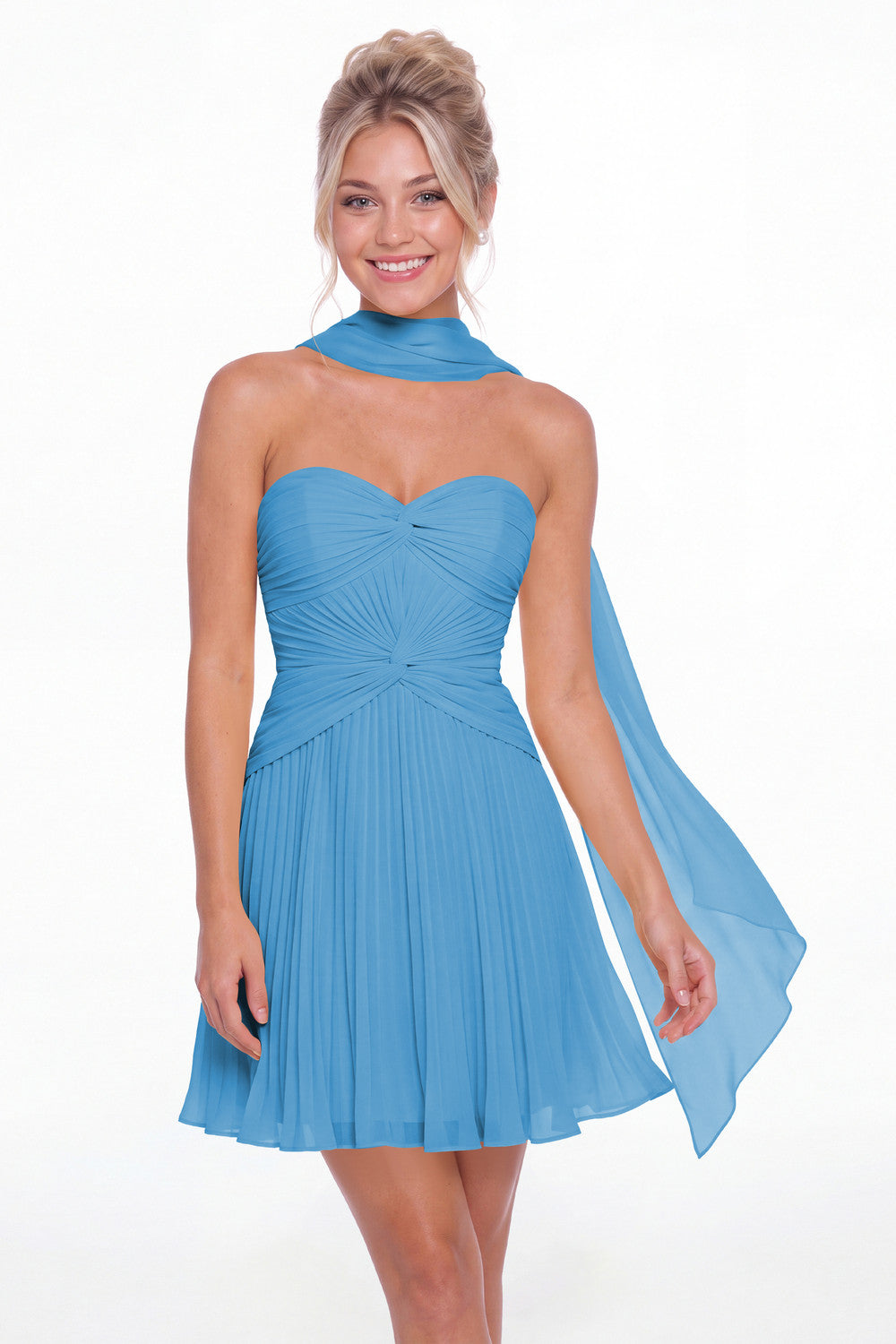 Ocean Blue Strapless Scarf Chiffon Mini Homecoming Dress - Front View
