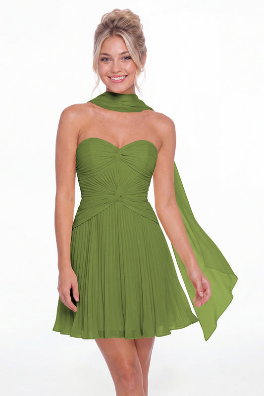 Olive Green Strapless Scarf Chiffon Mini Homecoming Dress - Front View