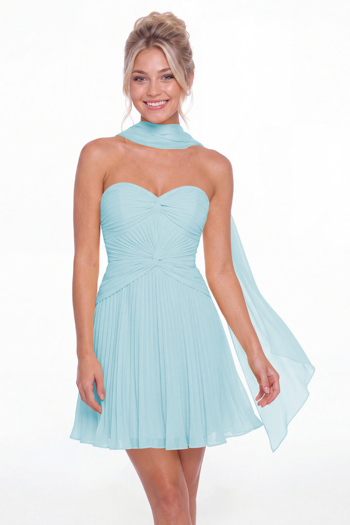 Powder Blue Strapless Scarf Chiffon Mini Homecoming Dress - Front View