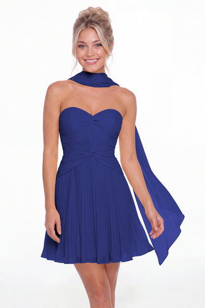 Royal Blue Strapless Scarf Chiffon Mini Homecoming Dress - Front View
