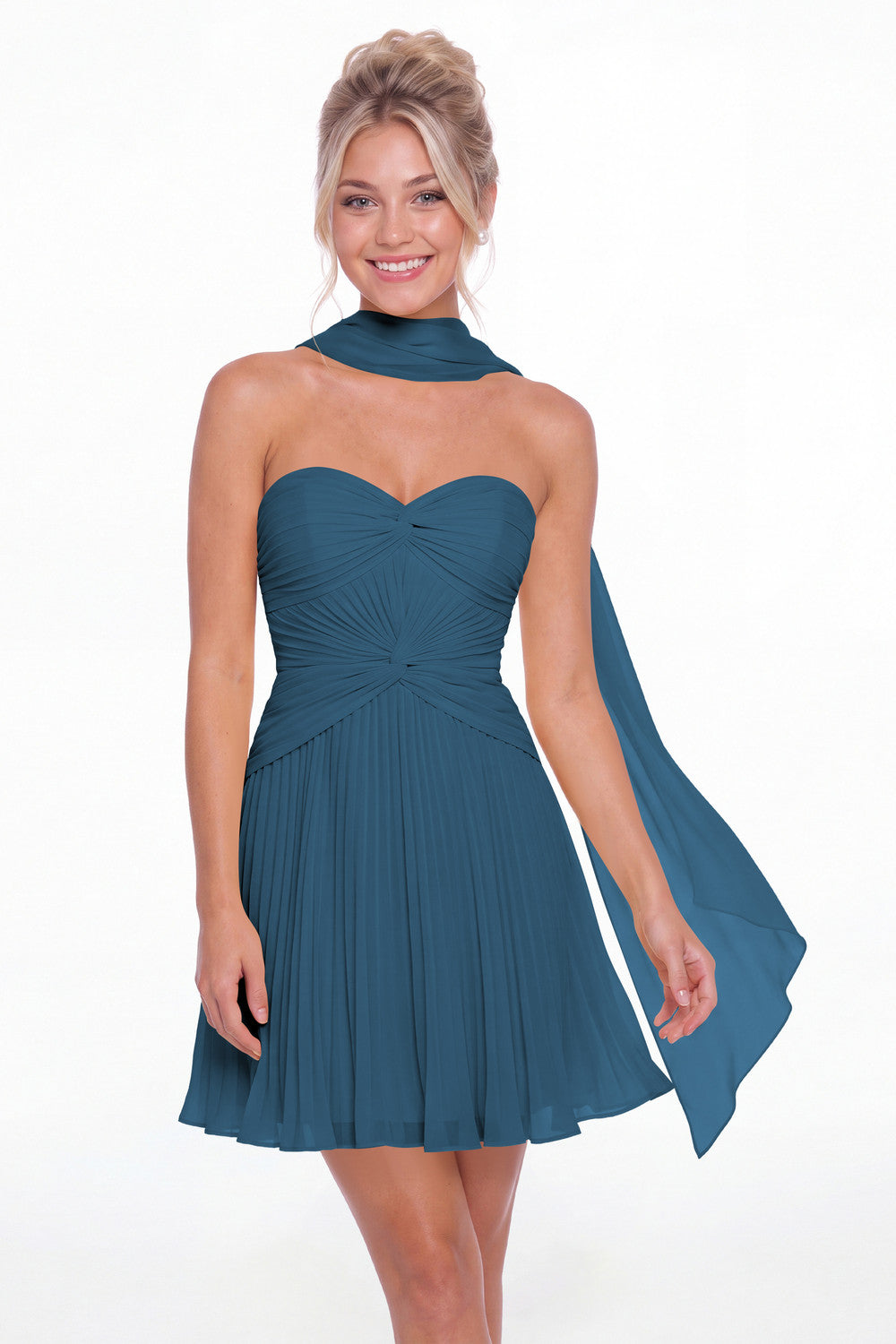 Teal Strapless Scarf Chiffon Mini Homecoming Dress - Front View