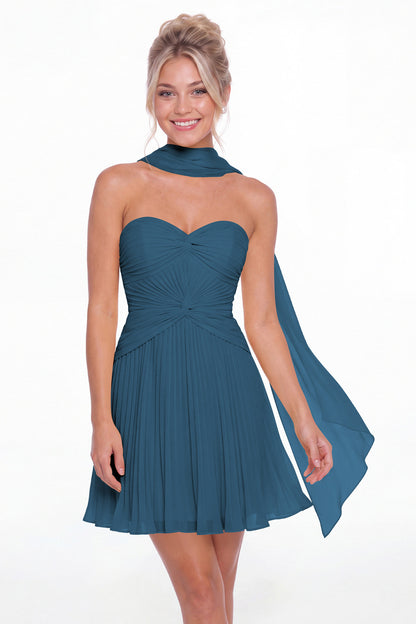 Teal Strapless Scarf Chiffon Mini Homecoming Dress - Front View