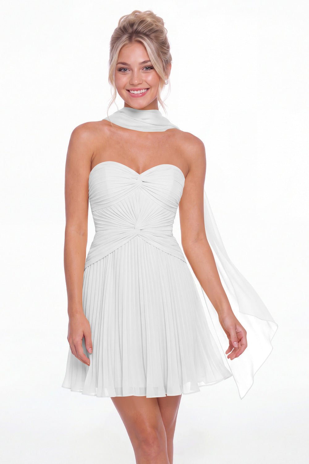 White Strapless Scarf Chiffon Mini Homecoming Dress - Front View