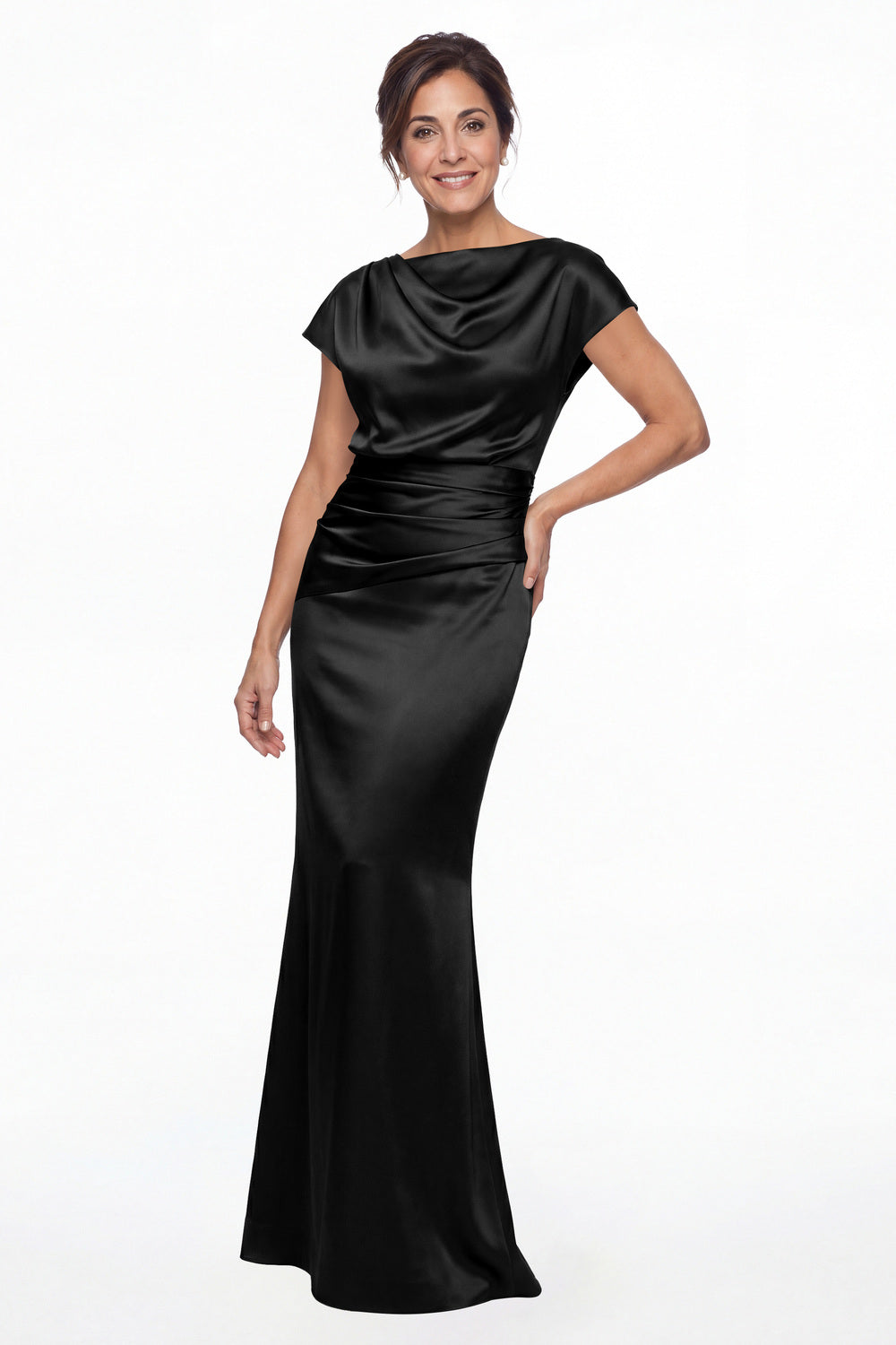 Black Cowl Neck Ruched Satin Mermaid Maxi Gown - Front View