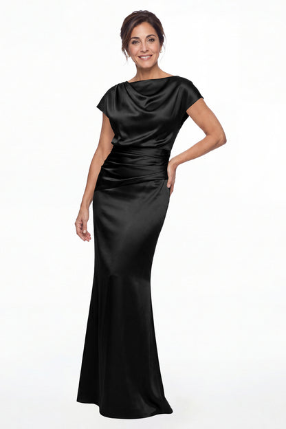 Black Cowl Neck Ruched Satin Mermaid Maxi Gown - Front View