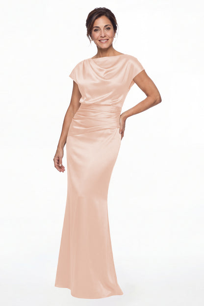 Blush Pink Cowl Neck Ruched Satin Mermaid Maxi Gown - Front View