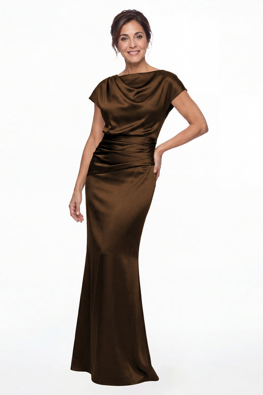 Brown Cowl Neck Ruched Satin Mermaid Maxi Gown - Front View