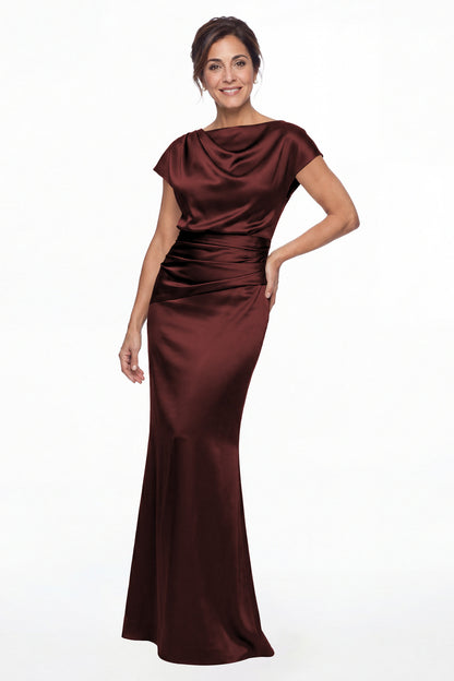 Burgundy Cowl Neck Ruched Satin Mermaid Maxi Gown - Front View
