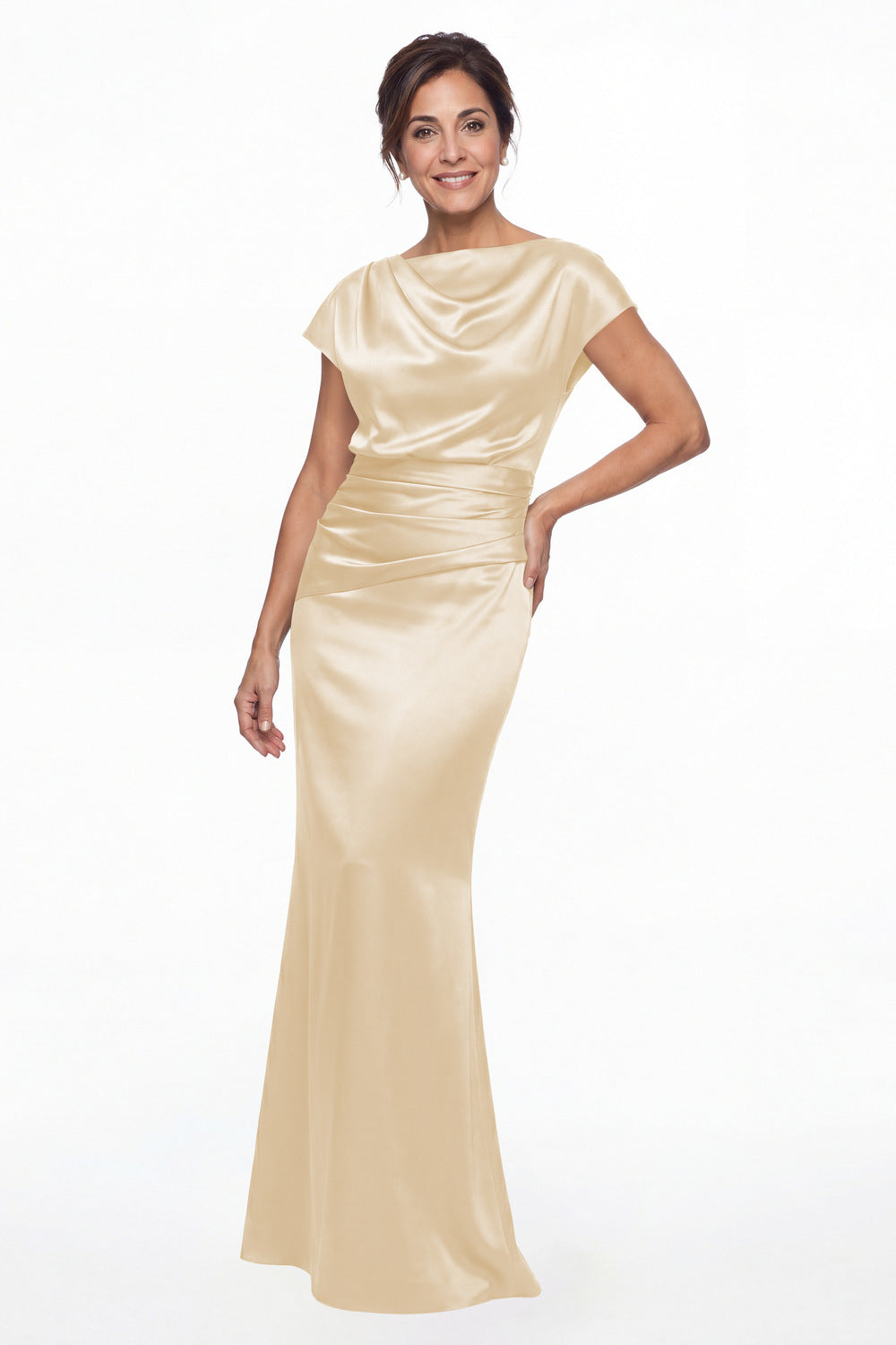 Champagne Cowl Neck Ruched Satin Mermaid Maxi Gown - Front View