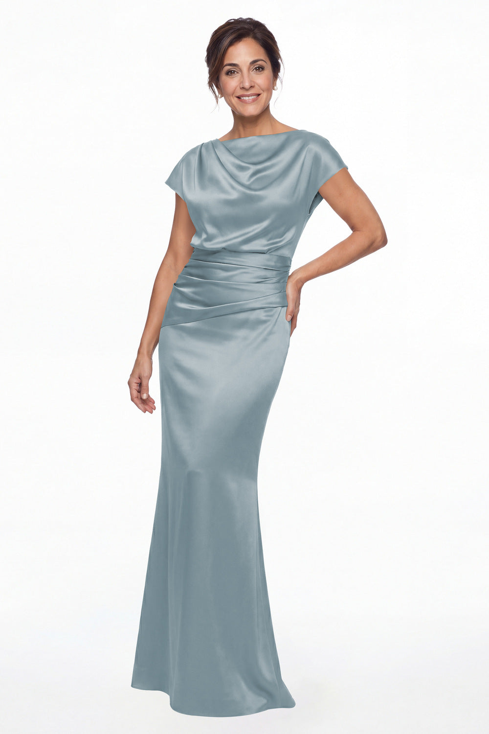 Dusty Blue Cowl Neck Ruched Satin Mermaid Maxi Gown - Front View