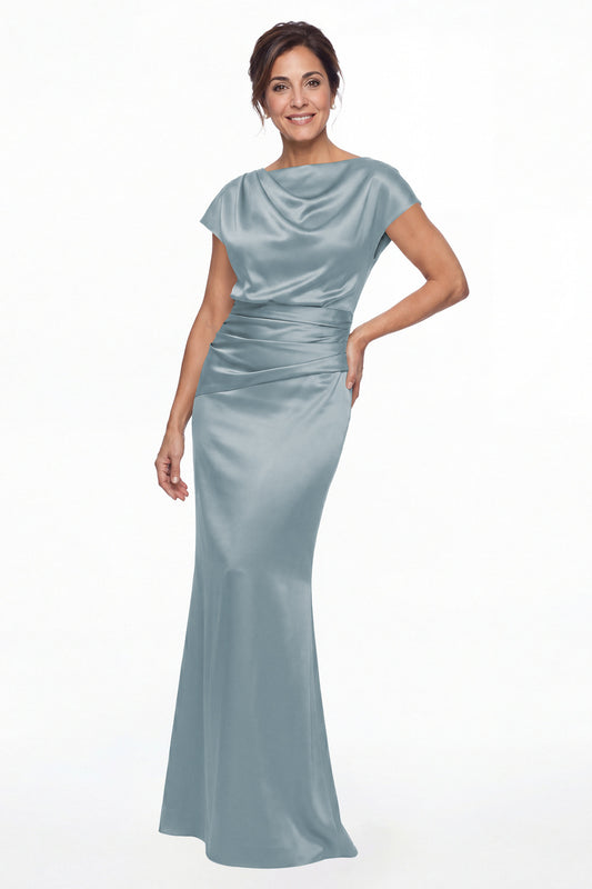 Dusty Blue Cowl Neck Ruched Satin Mermaid Maxi Gown - Front View