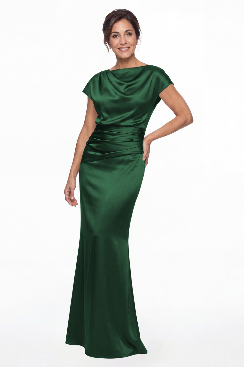 Emerald Green Cowl Neck Ruched Satin Mermaid Maxi Gown - Front View