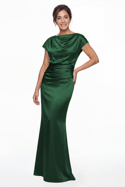 Emerald Green Cowl Neck Ruched Satin Mermaid Maxi Gown - Front View